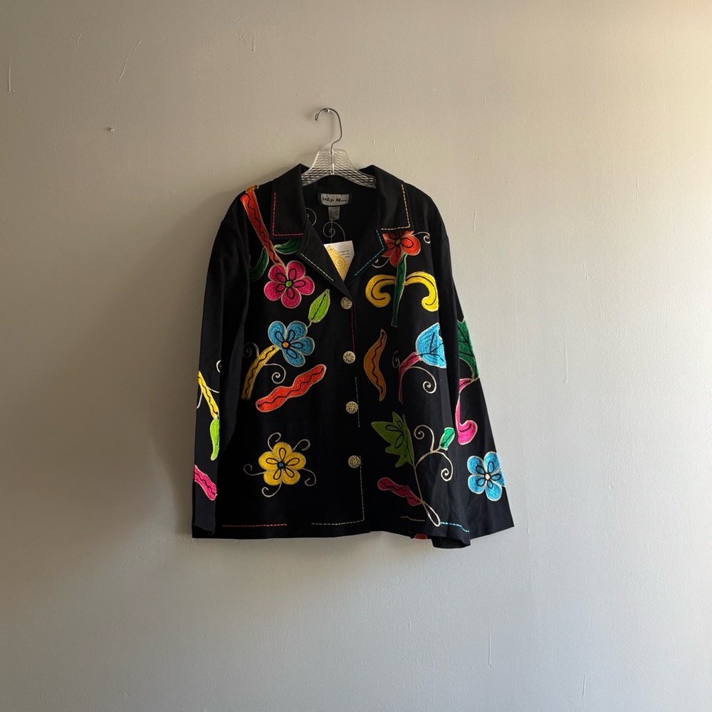 Indigo Moon Embroidered  Colorful Blazer Sz 1X Eclectic Grandma Maximalist Art
